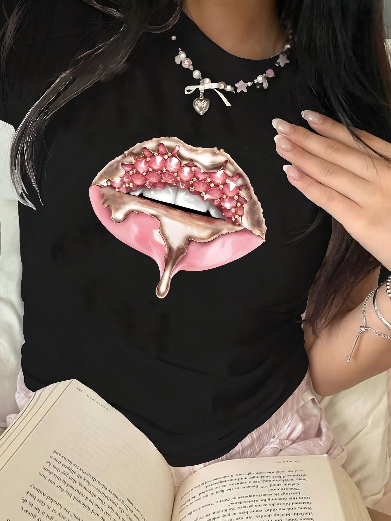 

Vintage Lips Print Crew Neck Sleeve Womens Harajuku Short Sleeve Clothing Street Tops Tees Aesthetic Clothes Casual S