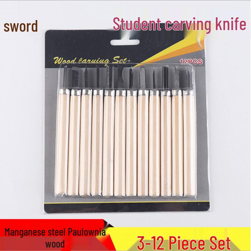 

12-Piece Manganese Steel & Paulownia Wood Carving Knife Set - DIY Handmade Toy Tools Crescent Knife with Cap