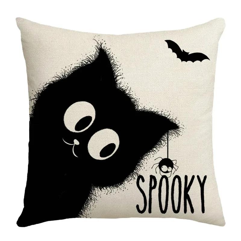 40/45/50cm Halloween Party Decorations Linen Pillowcase for Sofa Black Witch Ghost Print Throw Pillow Cover Home Decor