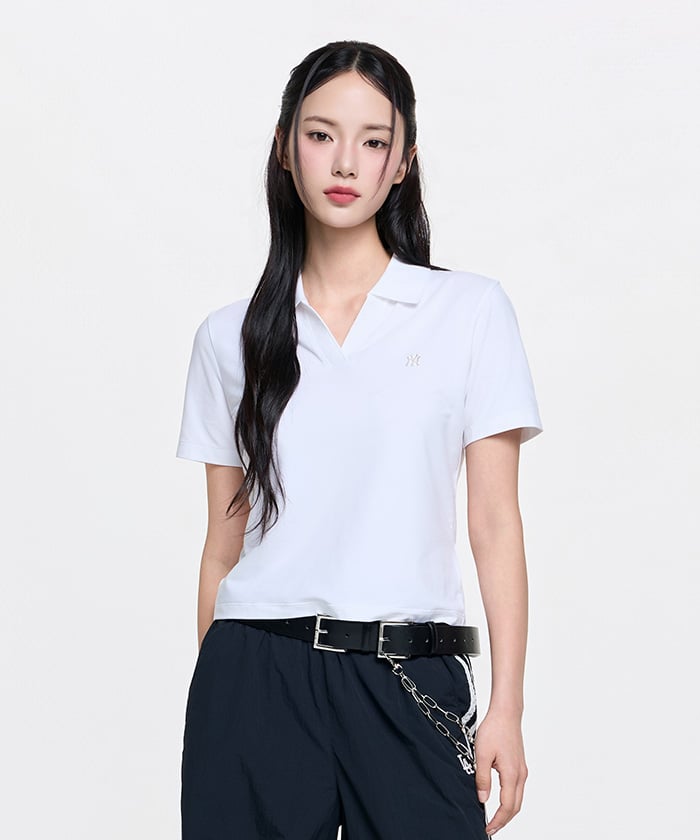 Emelbi Women'S Basic Slim Fit Crop Open Collar T-Shirt Ny (White)
