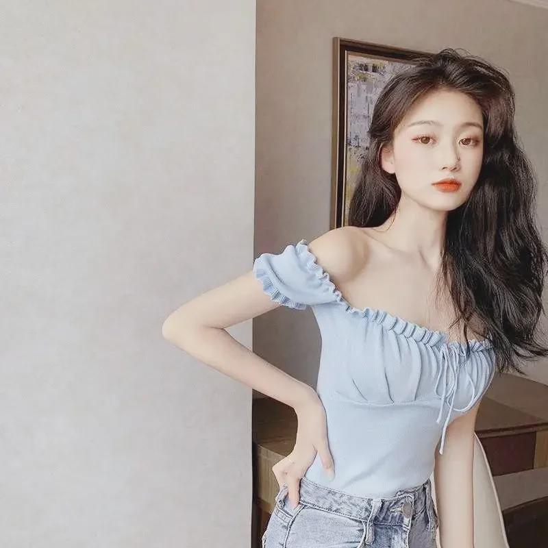 Chic One-Shoulder Summer Top for Women with Drawstring Tube Design and Suspenders