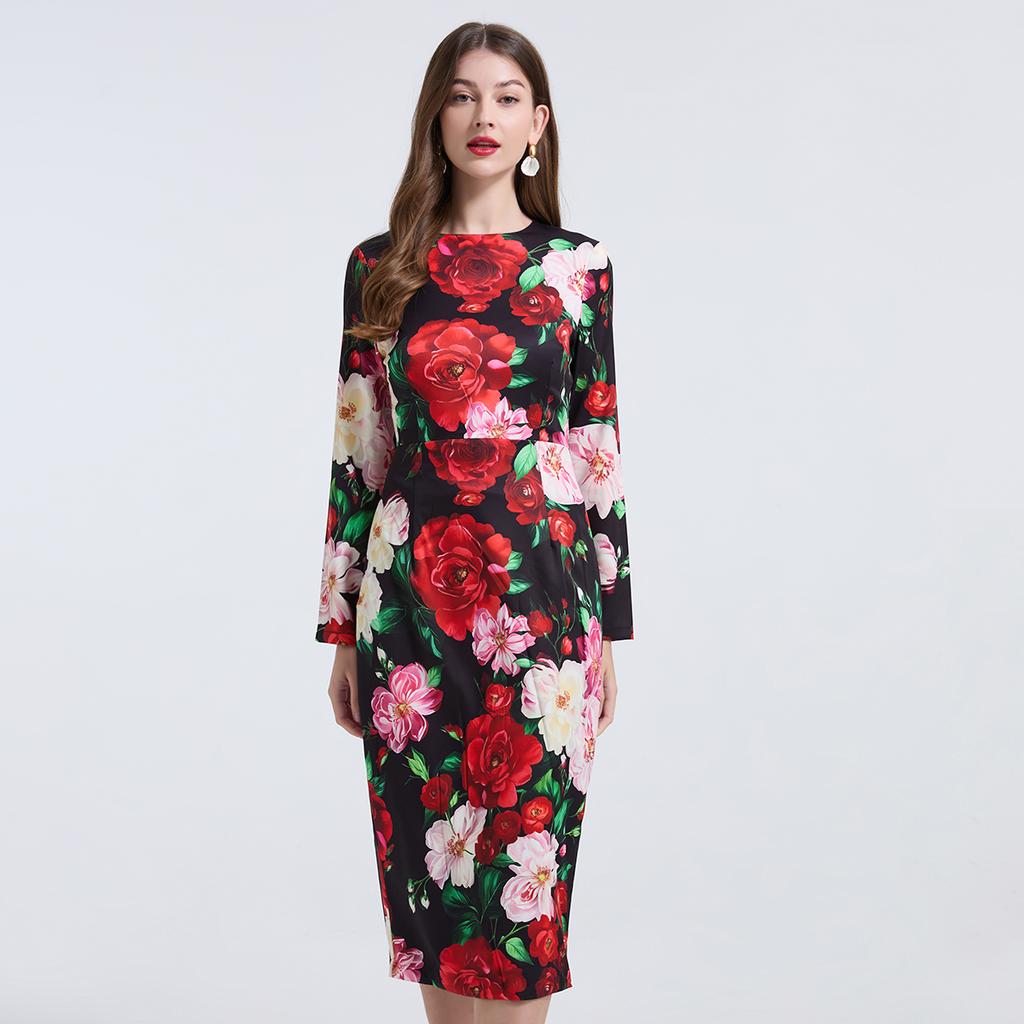 Spring Summer Women Designer Vintage Print Rose Office Work Slim Bodycon Pencil Dresses