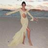 Women's V Neck Long Sleeve Maxi Dress Bodycon High Rise Sexy Cutout Mesh Beach Dress