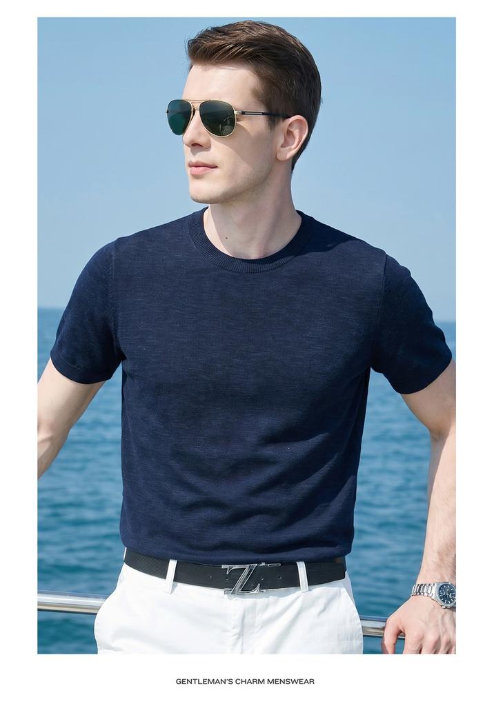 Summer light luxury casual knitted short-sleeved T-shirt made of linen and long staple cotton, men's thin and versatile half-sleeved knitted sweater