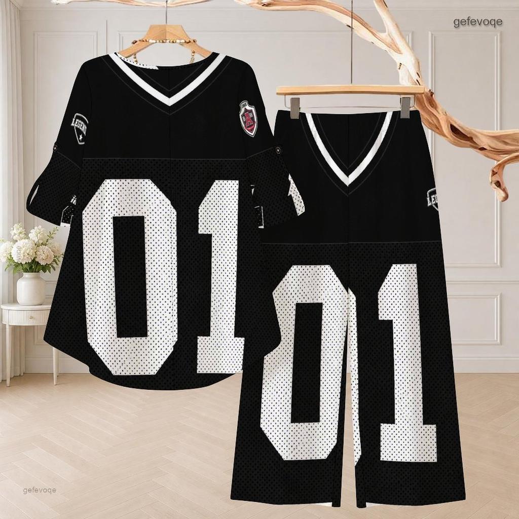 Women Plus Size Printed Two Piece Set Round Neck 3 4 Sleeve High Low Top And Wide Leg Pants