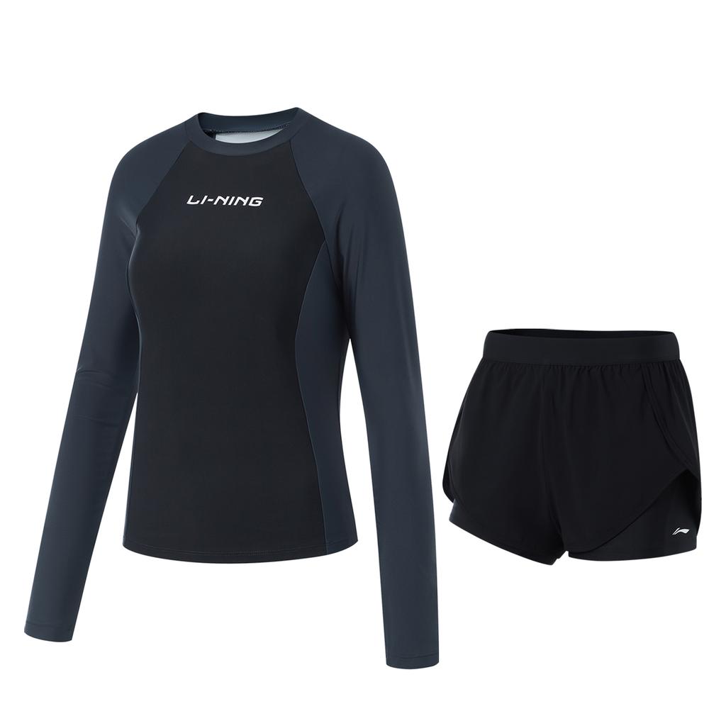 Li Ning Swimming Series Color Block Letter Round Neck Pullover Long Sleeve Two-Piece Swimsuit Women swimsuit Black Ink-Gray ASLT074-2