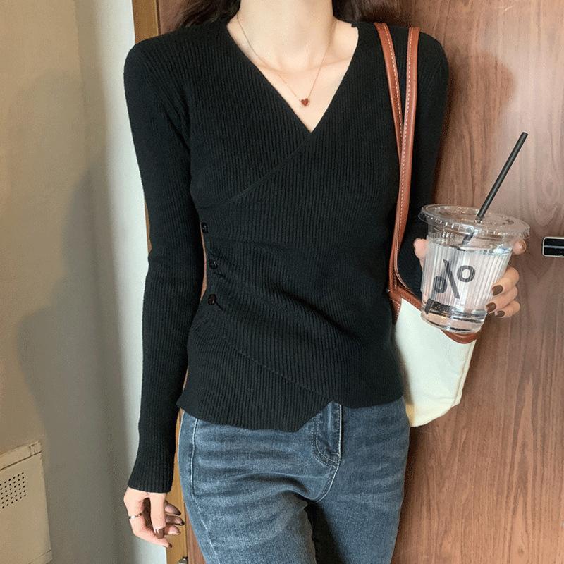 Sweater for Women Pullovers Ribbed Knit V-Neck Long Sleeve Button Side Plain Fall Winter Basic Outfit Tops