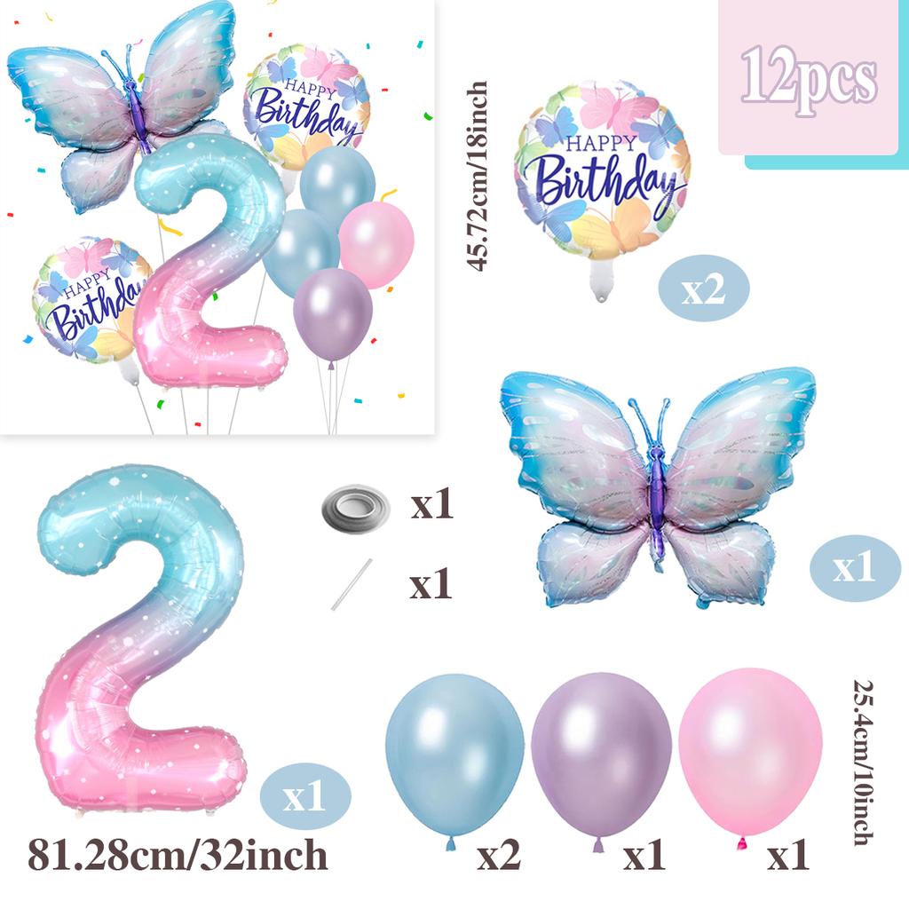 Gradient Color Digital Butterfly Balloon Set 32 Inch Digital Aluminum Foil Balloon Birthday Party Anniversary Decoration (0-9)
