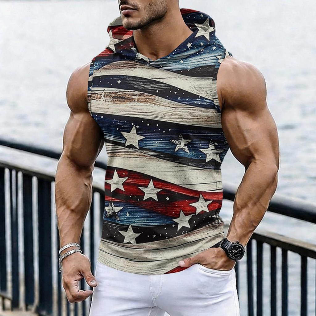 Men's Casual Sleeveless Hoodie Tank Top with Independence Day Print Lightweight Summer Muscle Fit Activewear