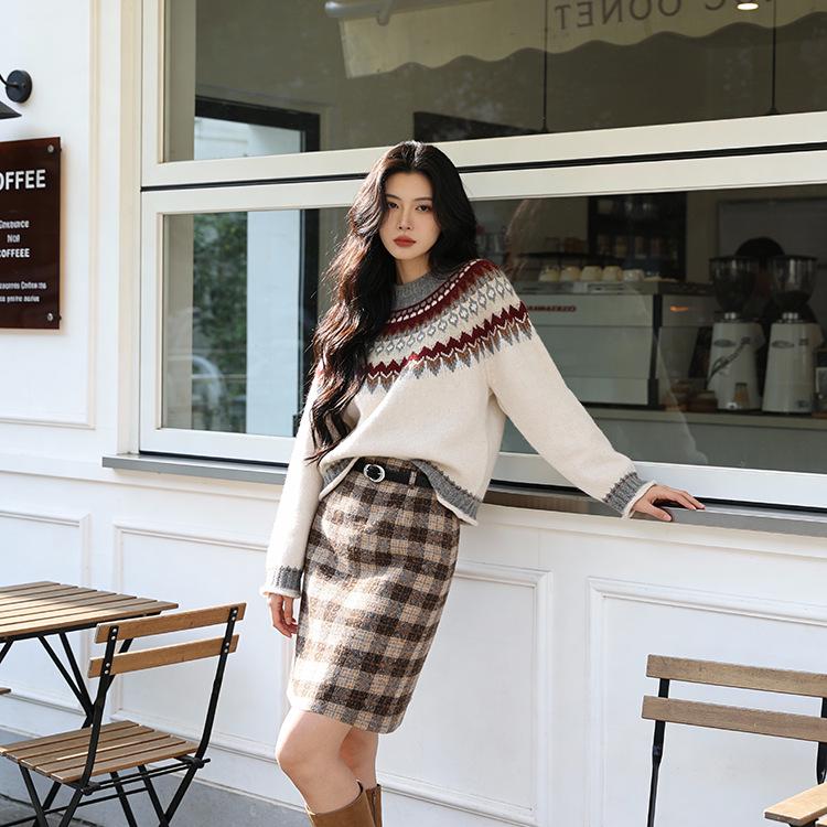 Feiyuan Women's Retro Plaid Wool Midi Skirt with Belt - Stylish Korean Pencil Skirt for Early Spring