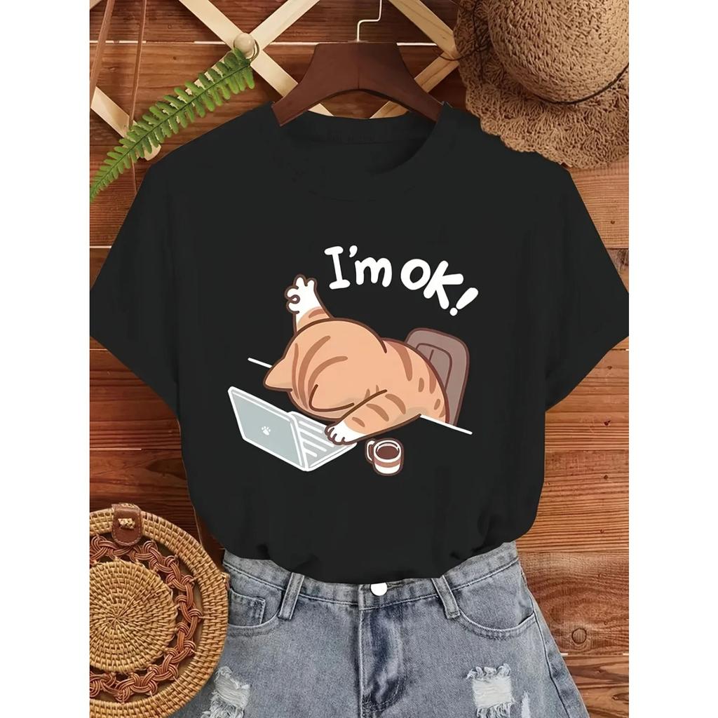 Im Okay Cat Graphic TShirt Casual Black Tee with Cute Lazy Cat Design Short Sleeves Round Neck Spring and Summer women t shirt