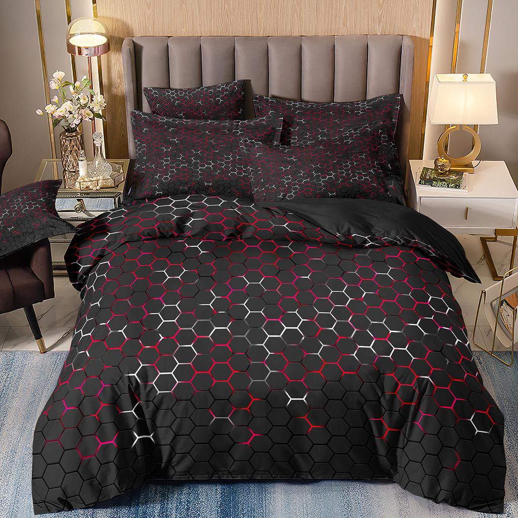Red Glowing Bedding Set,Abstract King Duvet Cover Honeycomb Quilt Cover For Teens Adults Geometry Hexagon Bed Set
