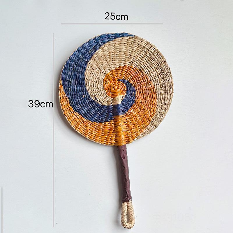 Colorful Striped Patterns Seagrass Woven Fan Vintage Anti-Mosquito Hand Braided Fan Natural Portable Cattail Fan School/Office