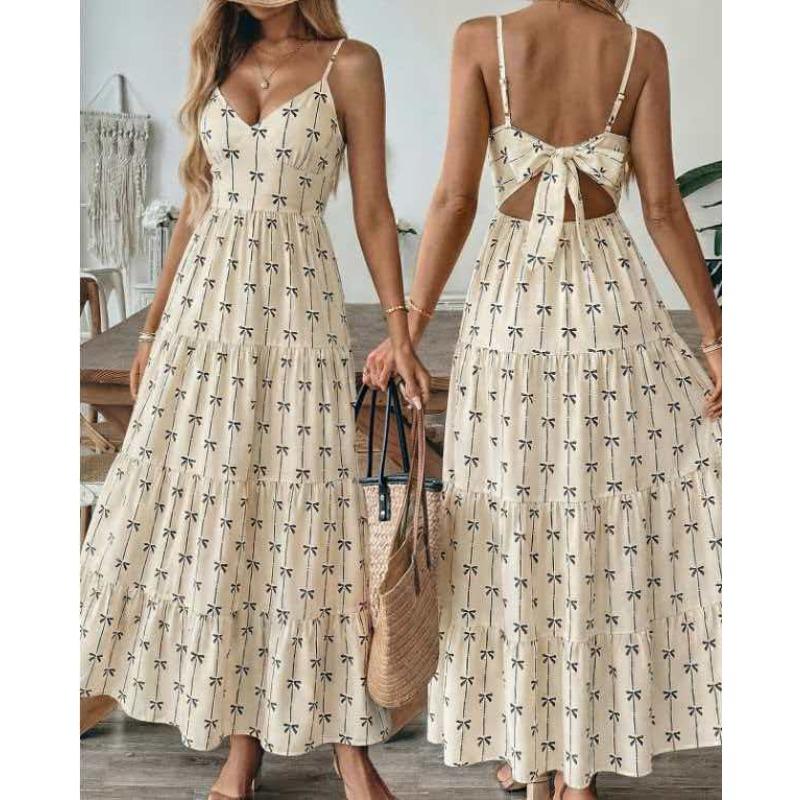 Summer New Bohemian Back Bow Holiday Style Print Dress Suspender Dress