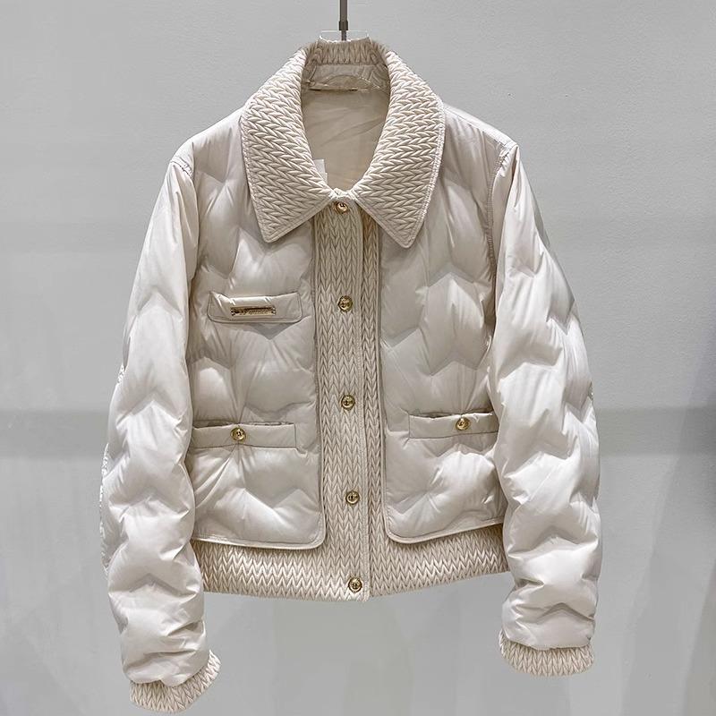 Xiaoxiangfeng Down Jacket Women's Short Fashion Woven Lapel Pressed Glue Light and Thin White Duck Down Warm Winter Coat