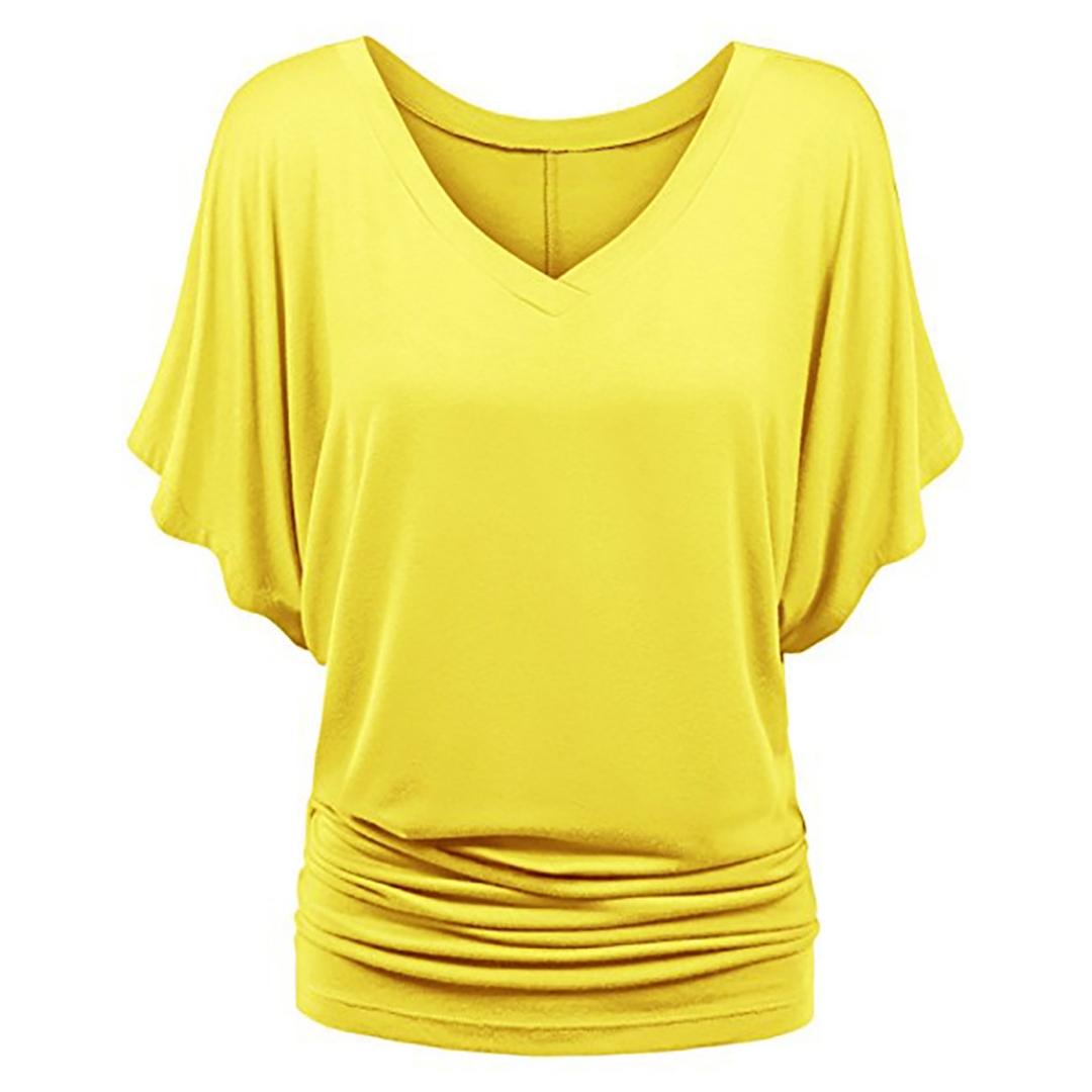 

Летняя женская футболка больших размеров с V-образным вырезом и рукавами «летучая мышь», свободным верхом и отложным подолом XXXXXL жёлтый