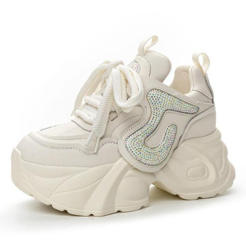 Fashion 7CM New Genuine Leather Platform Wedge Women Spring Autumn Chunky Sneakers 2024 Fashion Boots Bling Vulcanize Well-fitting Shoes