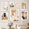 Girl Book Cat Leaf Illustration Wall Art Canvas Painting Abstract Posters & Prints Hotel Bar Wall Pictures For Living Room Decor