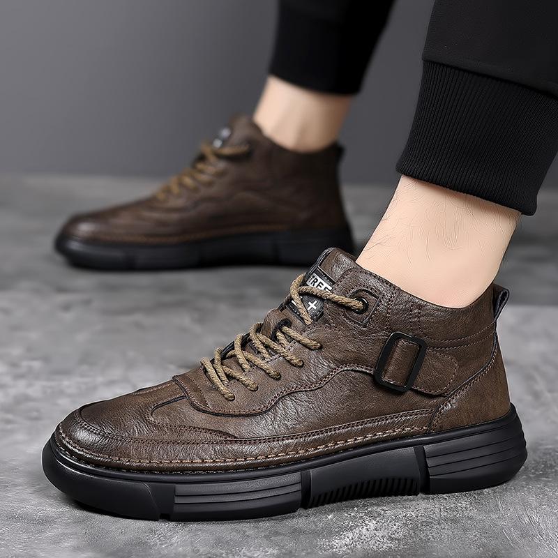 Men's 2024 Winter Leather High-Top Sneakers with Soft Sole and Plush Lining