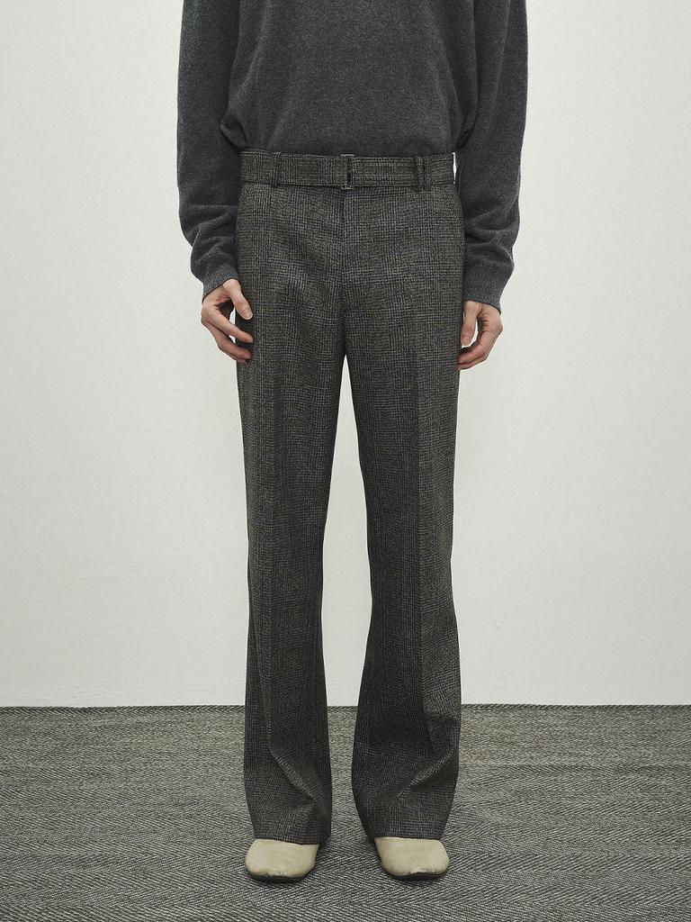 Pokeopeiseu Belted Straight Flare Trousers Blue Check (Marzotto)