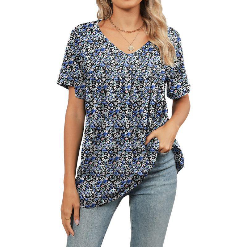 Short-Sleeve V-neck Short-Sleeve Top European and American Flower Short sleeve T-shirt Top Women