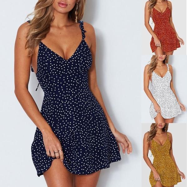 Summer Women's New Fashion Sleeveless Polka Dot V-neck Strap Mini Backless Casual Top Dresses