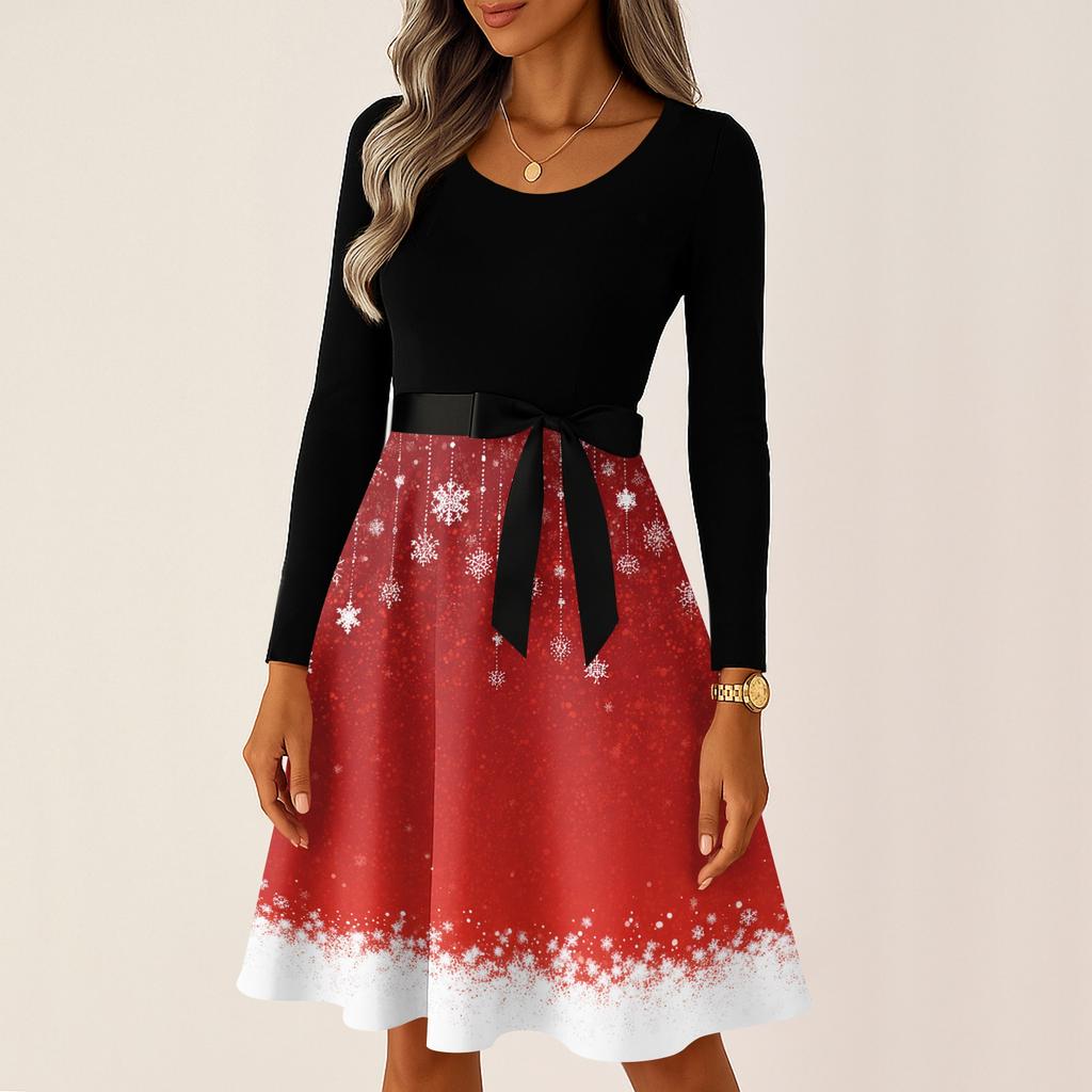 Kadın Günlük Moda Uzun Kollu Noel Grafik Baskılı Vintage Uzun Elbiseler