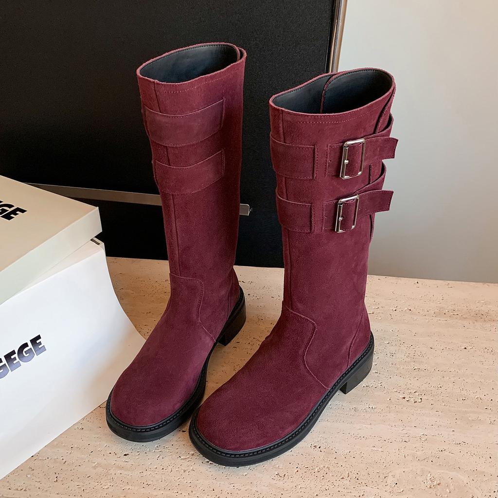 European and American Fashion Simple Cow Flip Knight Boots 2025 Autumn and Winter New Round Head Thick Heel Belt Buckle But Knee Boots