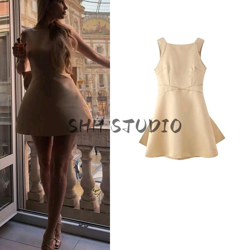 Spring New Women's Clothing Fashion off-Neck Sleeveless High Waist A- line Satin Backless Bow Dress Dress