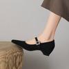 Krazing Pot Sheep Suede Square Toe Med Heels Summer Shoes Big Size 42 Crystal Buckle Women Shallow Pumps