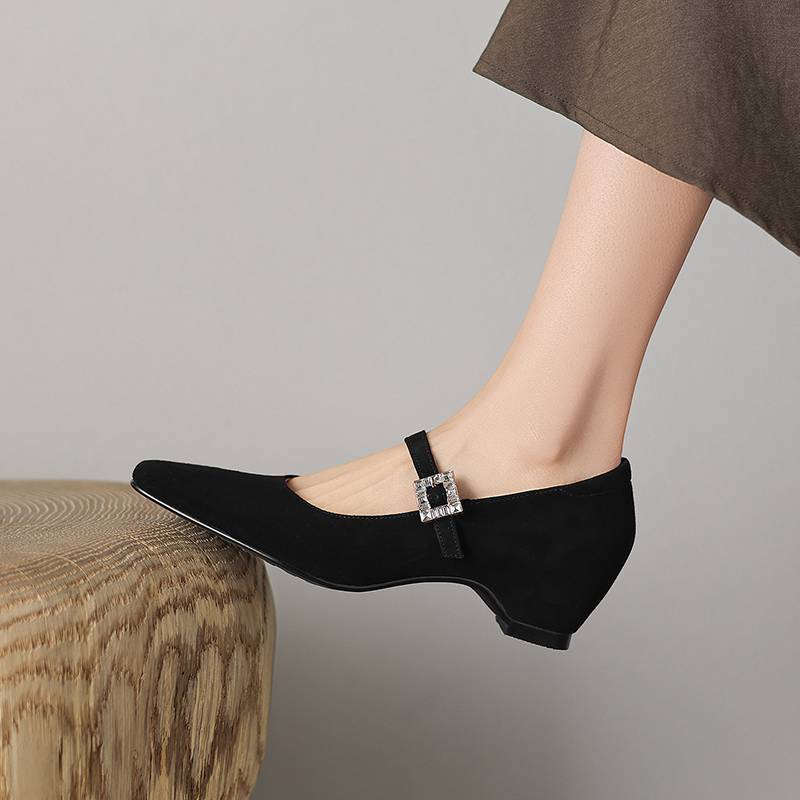 Krazing Pot Sheep Suede Square Toe Med Heels Summer Shoes Big Size 42 Crystal Buckle Women Shallow Pumps