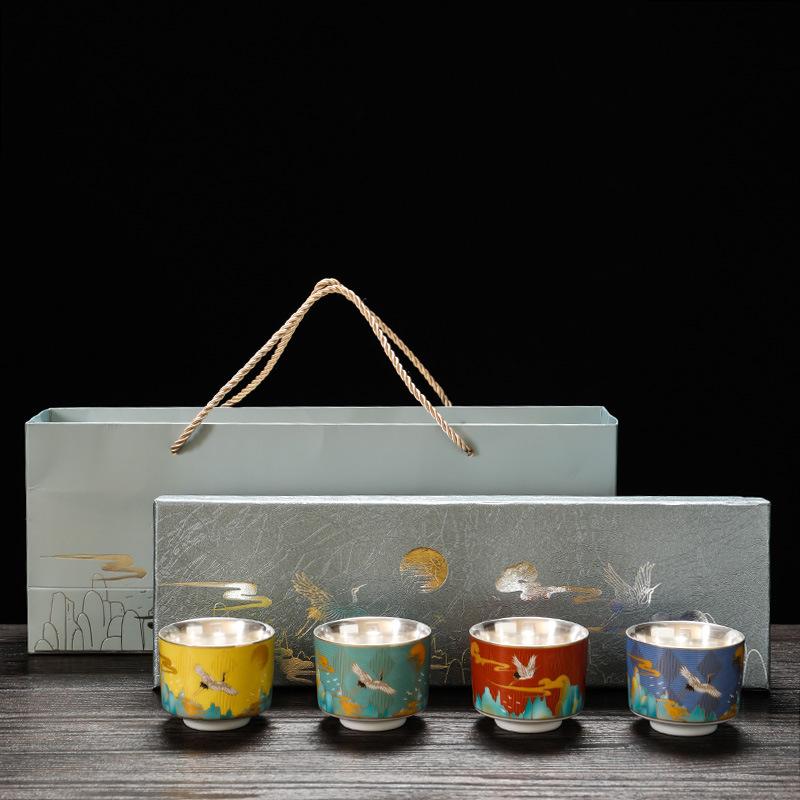 NEW Enamel Color 999 Pure Silver Inner Liner Ruihe Kung Fu Tea Master Cup Home Set Gift Box
