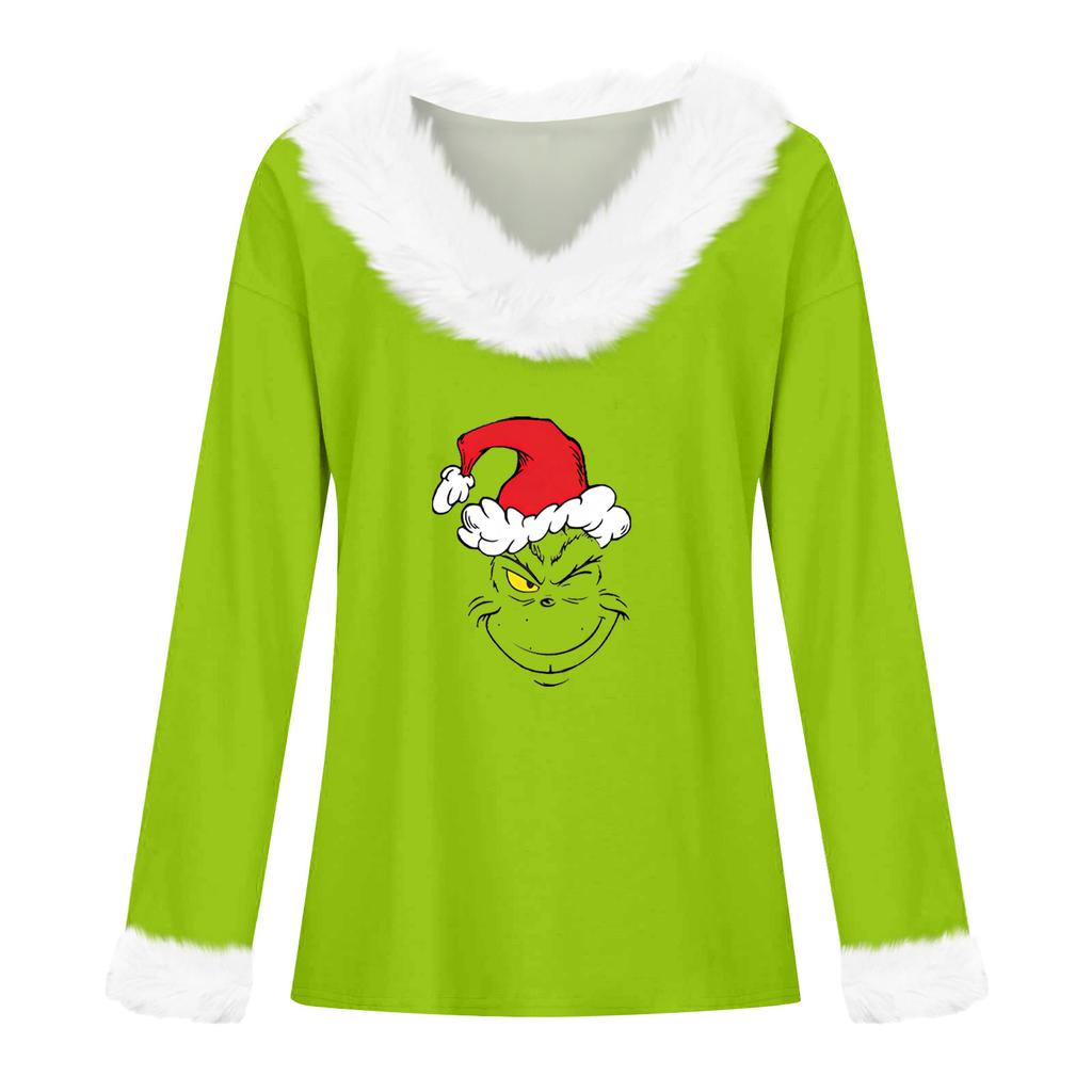 Dames T-skjorte Tee Julegenser Langermet Fest Juletrykk Fleecekrage V-hals Topp