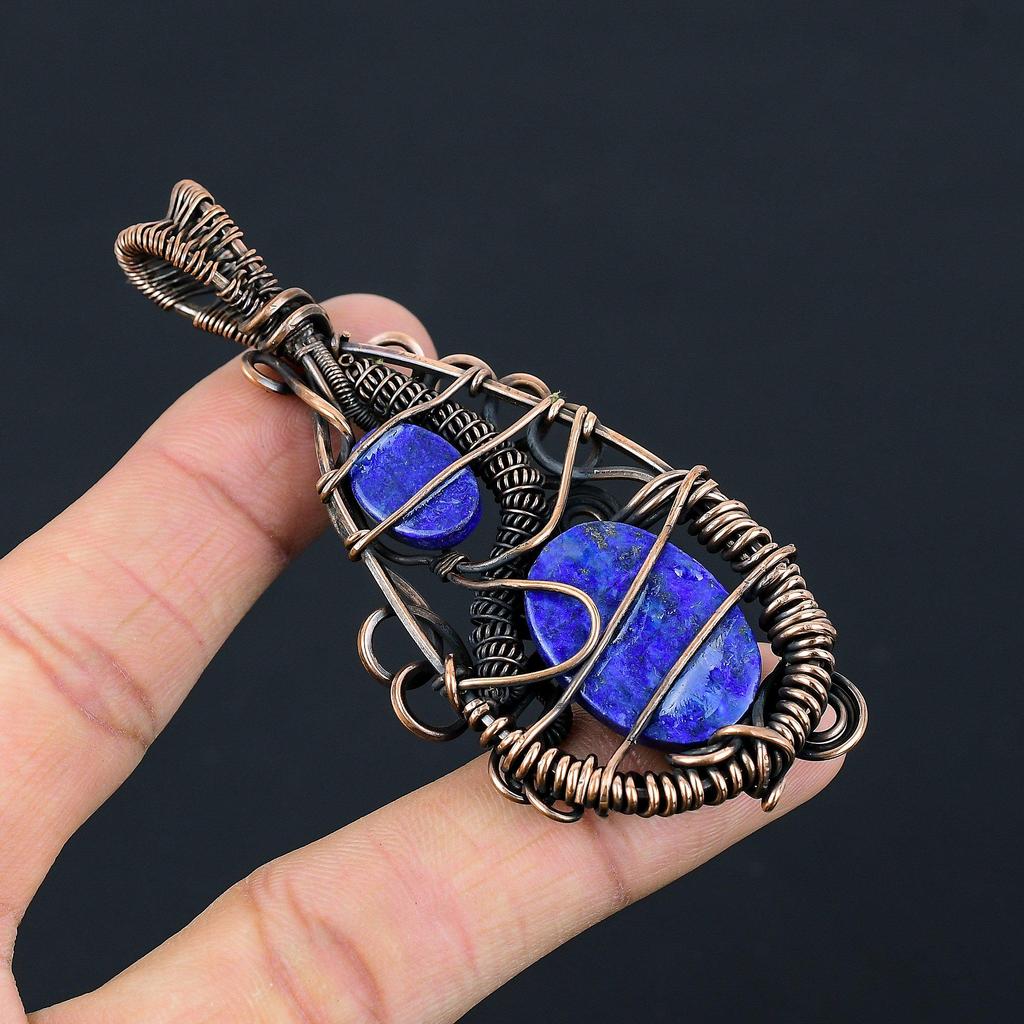 Pandantiv Lapis Lazuli Bijuterii cu Pietre Prețioase Lucrate Manual, Pandantiv Înfășurat în Sârmă de Cupru 999, Pandantiv Bijuterii cu Design Unic