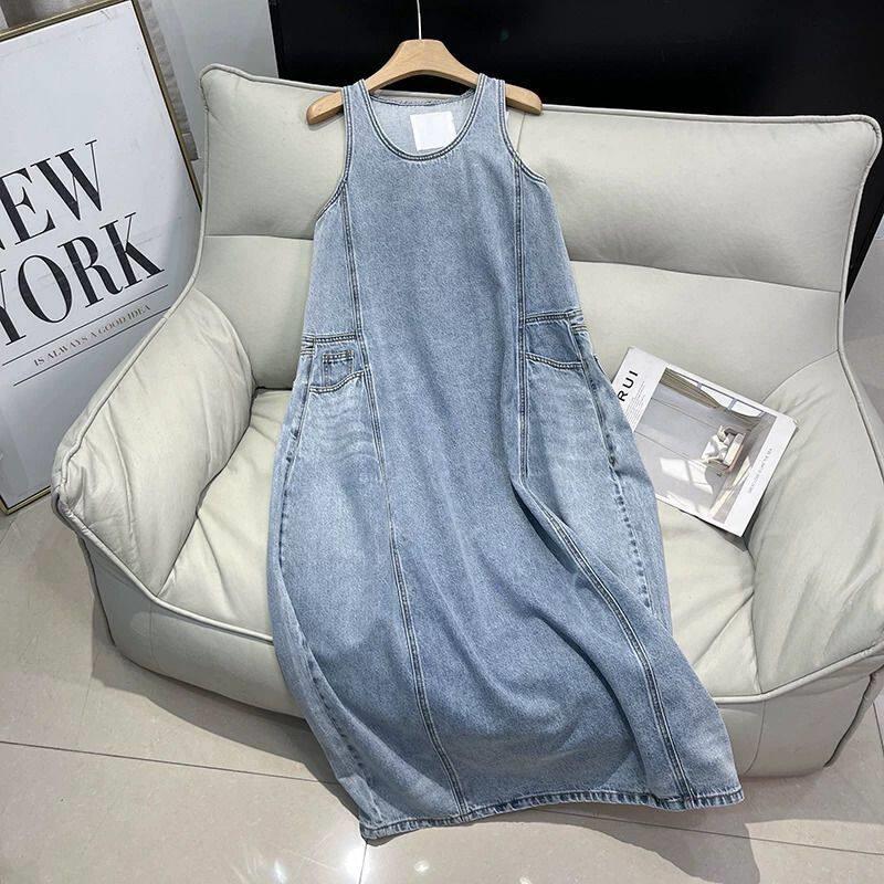 mm Hong Kong style beautiful denim strap dress women's summer thin style good-looking age-reducing tooling vest skirt long dress