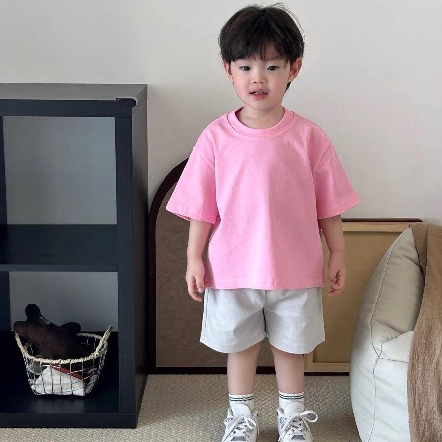 Boys Spring and Summer Round Neck Handsome T-shirt Middle and Big Children Solid Color Short-sleeved Casual Sports Tops