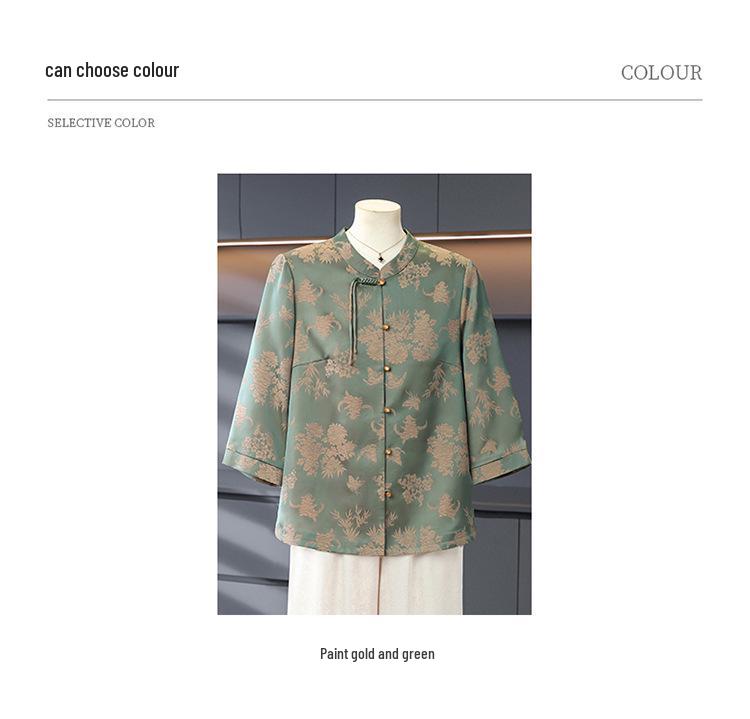 Elegant Seven-Sleeve Chinese Style Top for Women - Loose Fit, Printed Design, Perfect for Middle-Aged and Elderly Mothers or Grandmothers