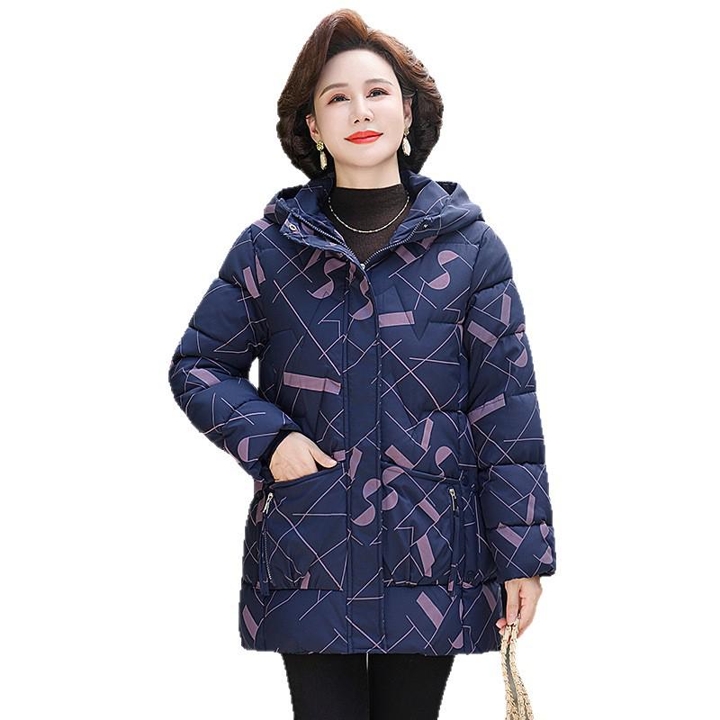 Hooded Floral Cotton Jacket for Middle-Aged Women - Plus Size Winter Fashion