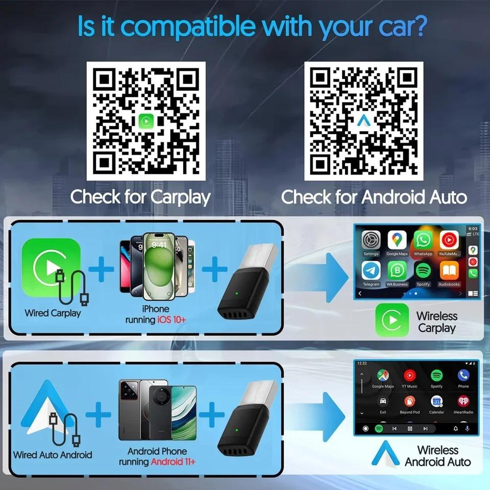 2 in 1 Mini Wireless CarPlay Adapter Android Auto Wireless Smart Dongle Kabelgebunden zu Drahtlos Car Ai Box für iPhone Android Handy für Toyota VW Peugeot MG