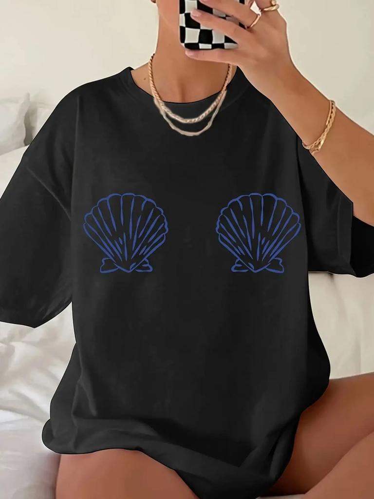 Damen T-Shirt mit weiß-blauem Muscheldruck, Rundhalsausschnitt, atmungsaktive Ärmel mit Raffung am Ausschnitt, lässige Strandkleidung, ästhetische Kleidung
