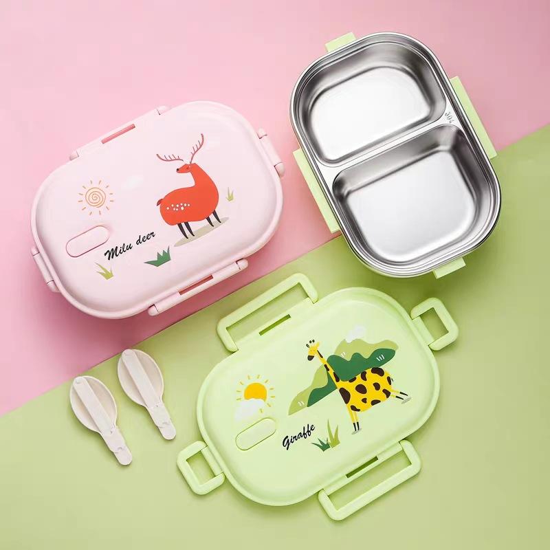 

Милый мультяшный ланч-бокс для детей, детский сетчатый ланч-бокс с ложкой, портативный герметичный контейнер для еды из нержавеющей стали 304, школьный