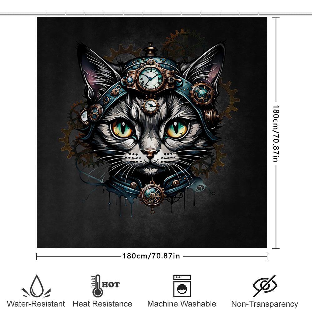 Steampunk-Themed Shower Curtain With Cat Design Featuring Clockwork Accessories Perfect For Adding A Touch Of Whimsy To Your Bat
