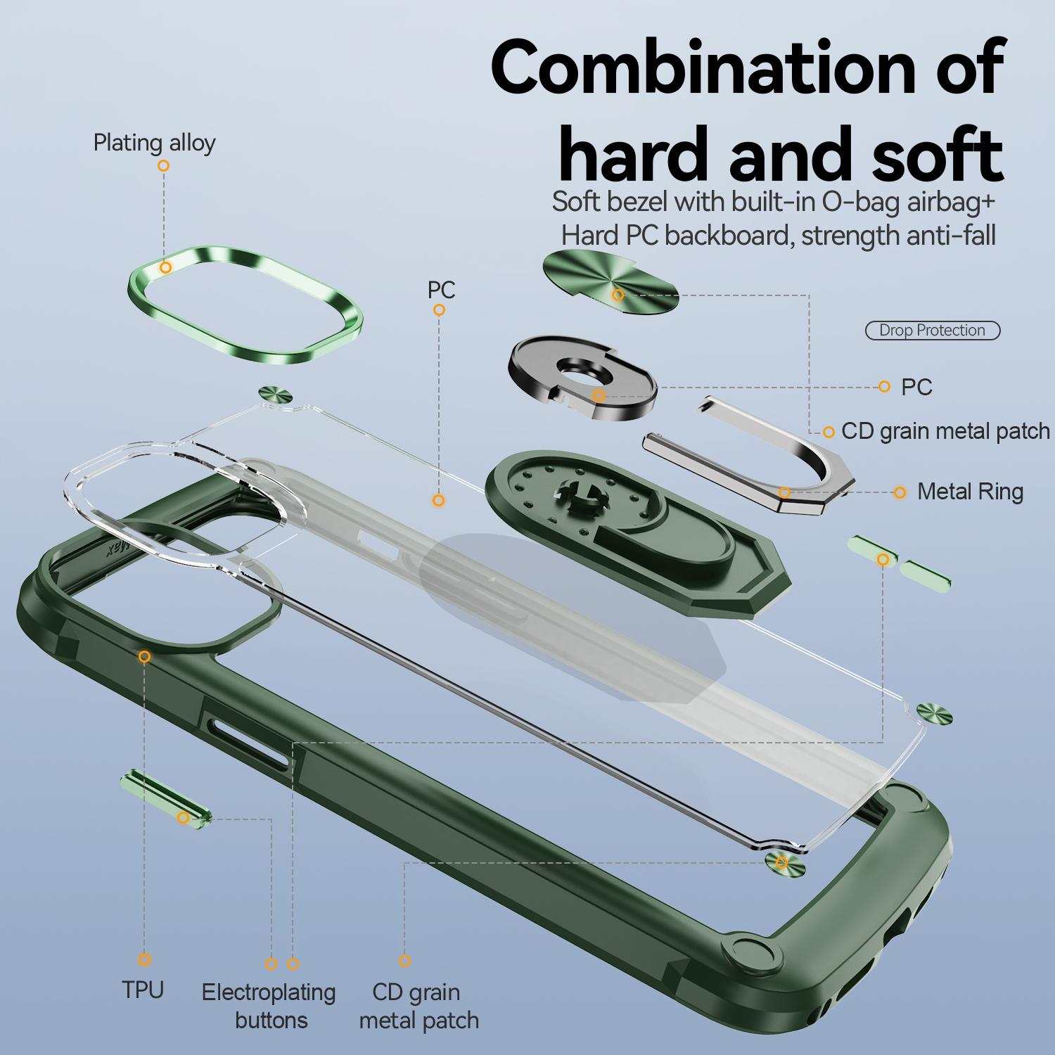 

For iPhone 15 Shockproof Case Ring Kickstand PC+TPU Phone Cover with Alloy Lens Frame Purple