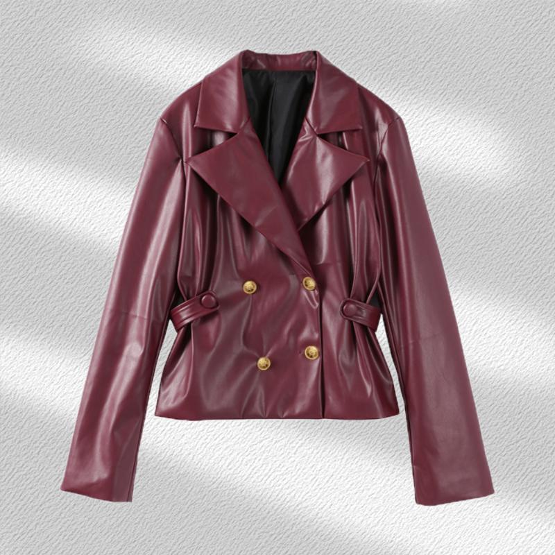 

Двубортная куртка из искусственной кожи, женская модная тонкая куртка с длинными рукавами, однотонная куртка в стиле мотоцикла, осень M