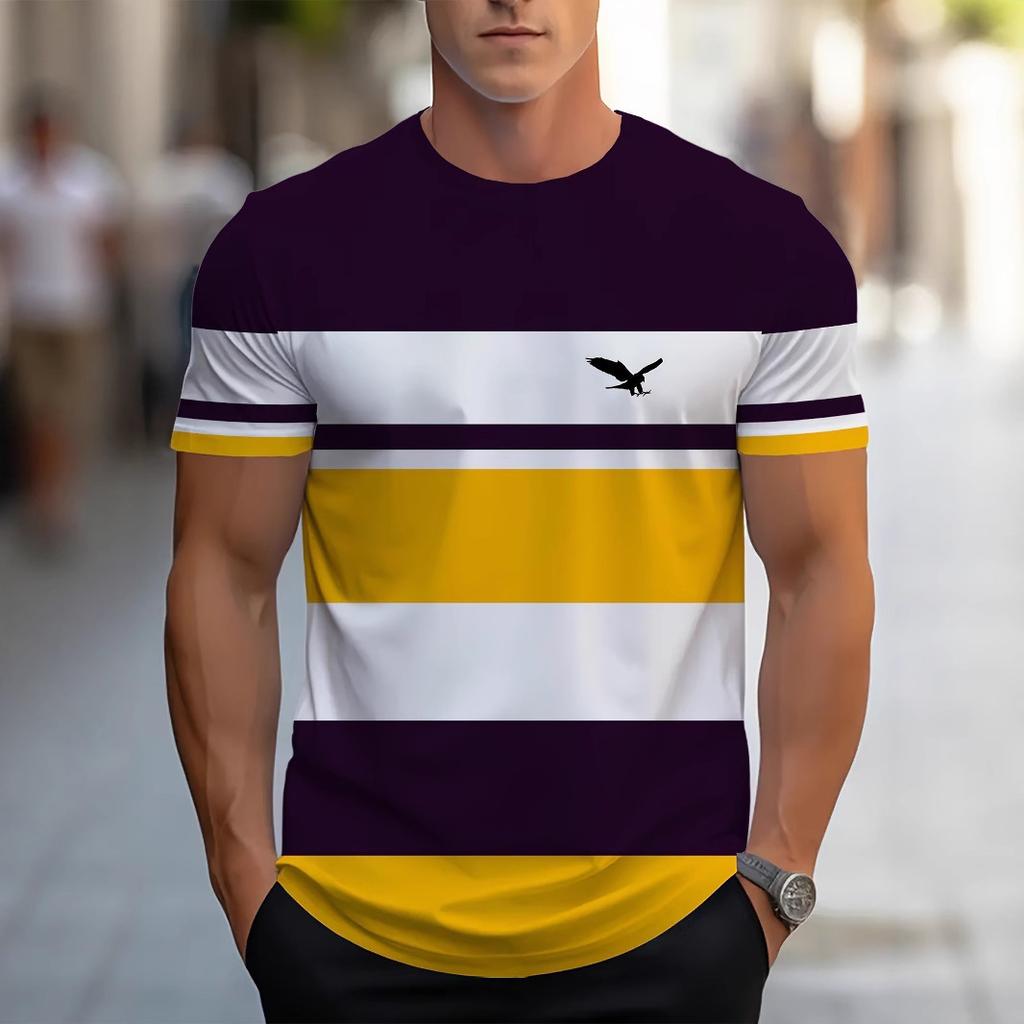 3D digital printed color striped men's casual and comfortable loose men's short sleeved shirt