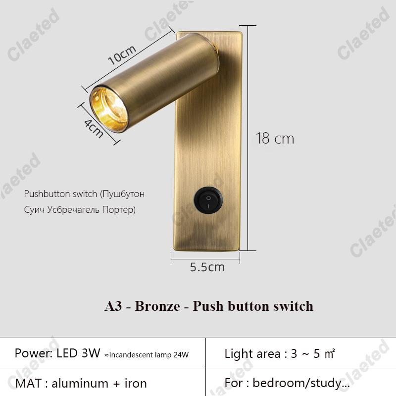 New Led Wall Lamp Sconce with Switch Black Brass Creative USB Port Reading Wall Lamp with 3W Spotlight for Bedroom Bedside