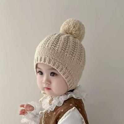 Korean-Style Handmade Winter Earflap Hat with Pom-Pom for Baby Girls