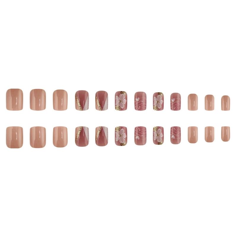 24Pcs Artificial Nail White Floral Heart Patterns Press On Nail Full Cover Acrylic Nail For Daily Wear And Special Event