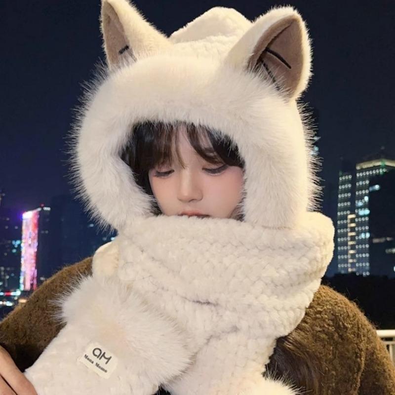 Fuchsöhrchen Plüschmütze Schal integriert Damen Herbst und Winter neu niedliche Handschuhe warm dreiteiliges Set