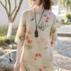 Light cotton and linen stand-up collar improved cheongsam dress for women, retro diagonal placket design printed short-sleeved skirt